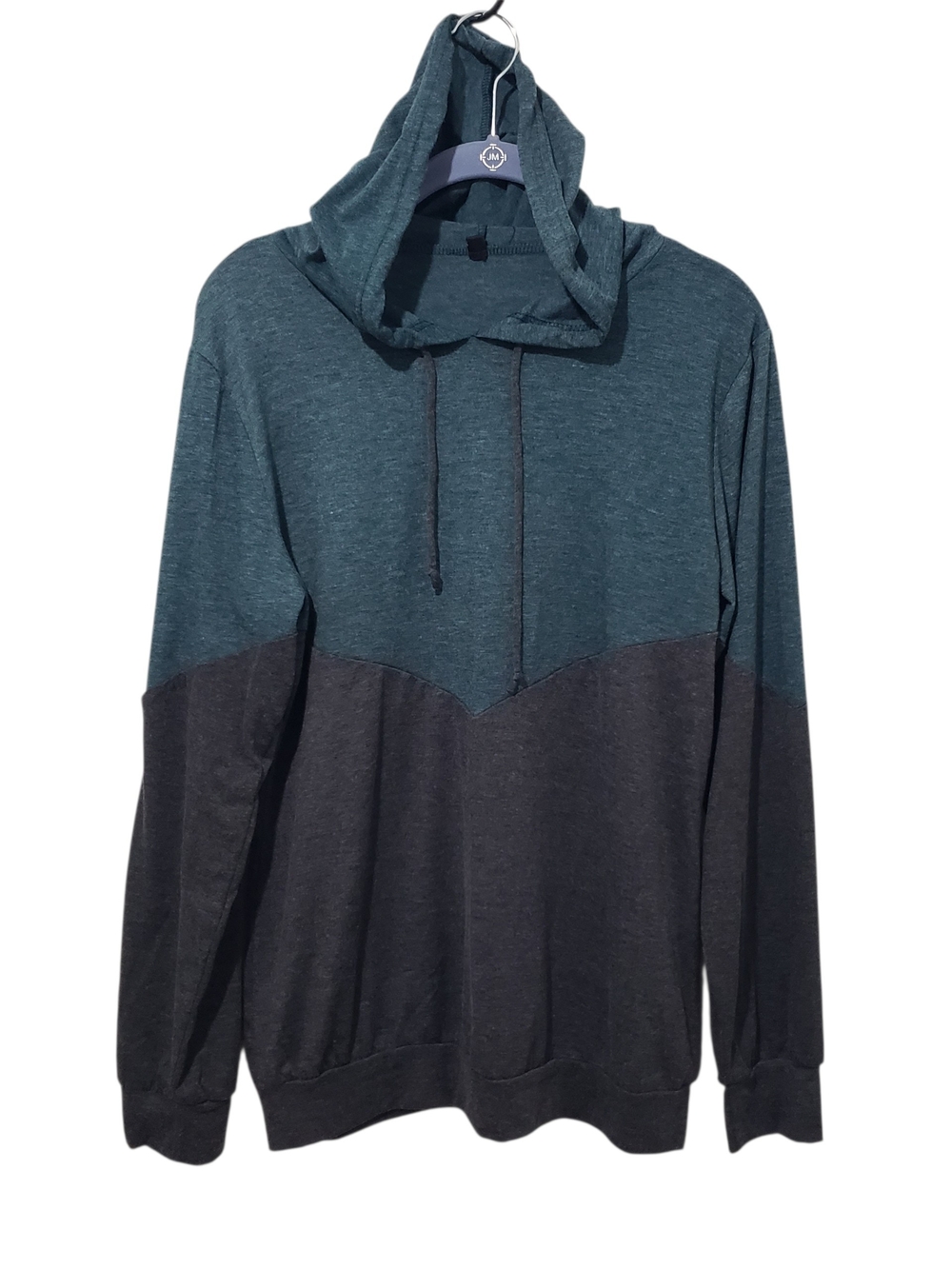 Two-Tone Teal & Charcoal Hooded Pullover | Large